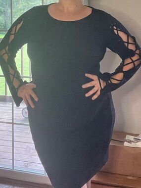 project RUNWAY Black Long-Sleeve Dress with Lattice Cutout Sleeves